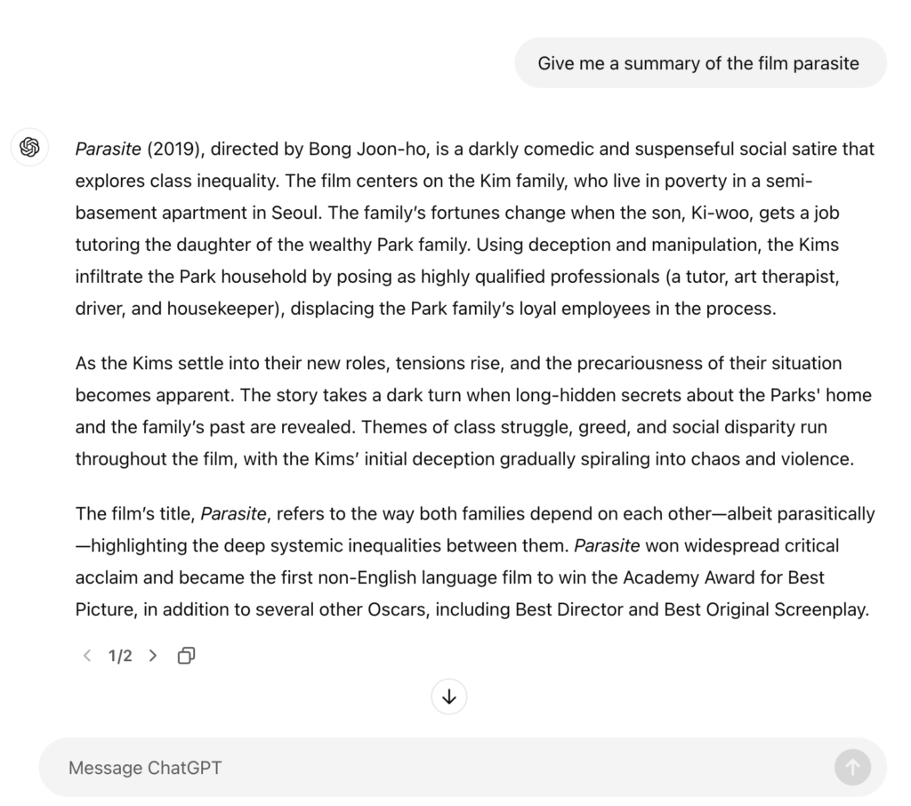 Summary of the film Parasite written by ChatGPT. 